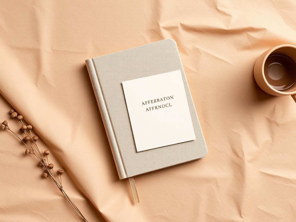 Affirmation cards, a linen journal and a warm cup arranged on beige paper